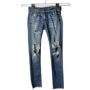Rag & Bone Dre Skinny Jeans Destroyed Ripped Low Rise Distressed Raw Hem Size 24